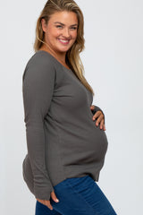 Charcoal Ribbed Knit Long Sleeve Plus Maternity Top