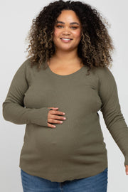 Olive Ribbed Knit Long Sleeve Plus Maternity Top