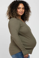 Olive Ribbed Knit Long Sleeve Plus Maternity Top