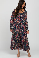 Navy Floral Long Sleeve Smocked Maxi Dress