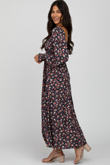 Navy Floral Long Sleeve Smocked Maxi Dress