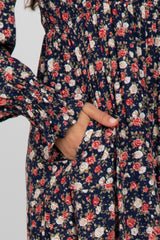 Navy Floral Long Sleeve Smocked Maxi Dress