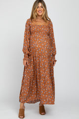 Rust Floral Long Sleeve Smocked Maternity Maxi Dress