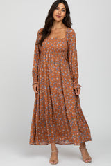 Rust Floral Long Sleeve Smocked Maternity Maxi Dress