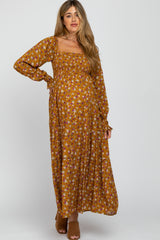 Mustard Floral Long Sleeve Smocked Maternity Maxi Dress