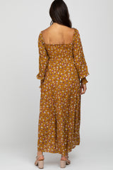 Mustard Floral Long Sleeve Smocked Maxi Dress