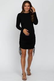 Black Ribbed Ruched Side Tie Maternity Fitted Dress