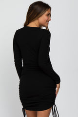 Black Ribbed Ruched Side Tie Maternity Fitted Dress