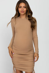 Mocha Ribbed Ruched Side Tie Maternity Fitted Dress