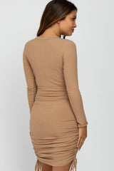 Mocha Ribbed Ruched Side Tie Maternity Fitted Dress