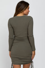 Olive Ribbed Ruched Side Tie Maternity Fitted Dress