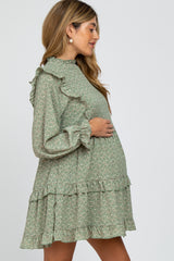 Mint Green Floral High Neck Ruffle Accent Maternity Dress