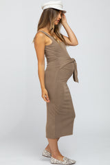 Mocha Soft Fitted Tie Front Maternity Midi Dress