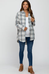 Blue Plaid Button Up Collared Flannel Maternity Top