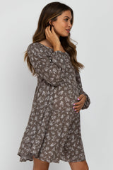 Mocha Floral Long Sleeve Babydoll Maternity Dress