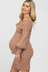 Taupe Off Shoulder Bubble Sleeve Maternity Sweater Dress