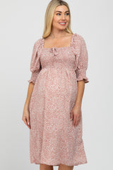 Pink Animal Print Smocked Maternity Midi Dress