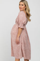 Pink Animal Print Smocked Maternity Midi Dress