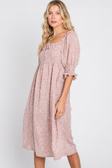 Pink Animal Print Smocked Midi Dress