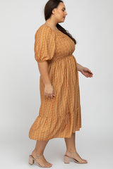 Camel Leaf Print Smocked Plus Midi Dress