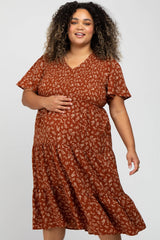 Rust Floral Smocked Tiered Maternity Plus Midi Dress