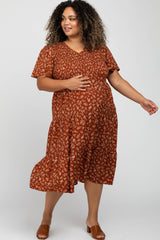 Rust Floral Smocked Tiered Maternity Plus Midi Dress