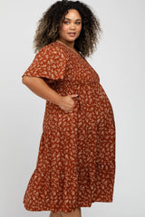 Rust Floral Smocked Tiered Maternity Plus Midi Dress