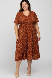 Rust Floral Smocked Tiered Plus Midi Dress