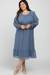 Blue Chiffon Dotted Ruffle Sleeve Maternity Plus Midi Dress