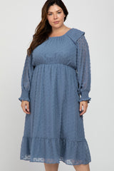 Blue Chiffon Dotted Ruffle Sleeve Plus Midi Dress