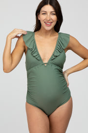 Olive Ruffle Tie Maternity One-Piece Swimsuit