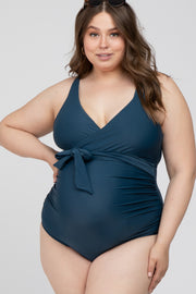 Navy Blue Waist Tie Maternity Plus One-Piece Swimsuit