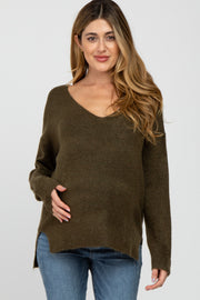 Olive Soft Knit V-Neck Maternity Sweater