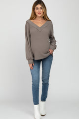 Mocha Waffle Knit V-Neck Maternity Top