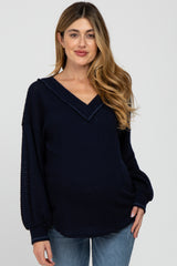 Navy Waffle Knit V-Neck Maternity Top