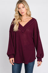 Burgundy Waffle Knit V-Neck Top