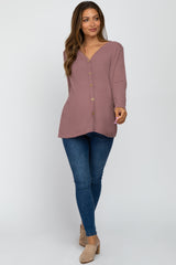 Mauve Waffle Knit Button Down Accent Maternity Top