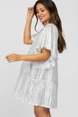 Silver Sequin Ruffle Hem Maternity Dress