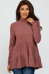 Mauve Brushed Tiered Mock Neck Maternity Top