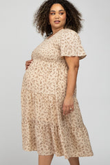 Cream Floral Smocked Tiered Maternity Plus Midi Dress