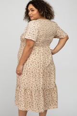 Cream Floral Smocked Tiered Maternity Plus Midi Dress