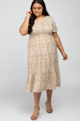 Cream Floral Smocked Tiered Maternity Plus Midi Dress