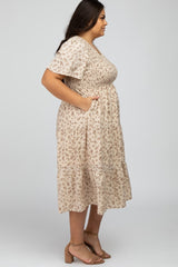 Cream Floral Smocked Tiered Plus Midi Dress