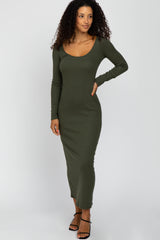 Olive Ribbed Long Sleeve Maxi Dress