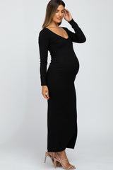 Black Ribbed Long Sleeve Maternity Maxi Dress