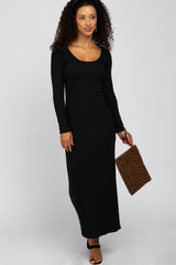 Black Ribbed Long Sleeve Maternity Maxi Dress