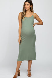 Light Olive Ribbed Sleeveless Maternity Midi Dress