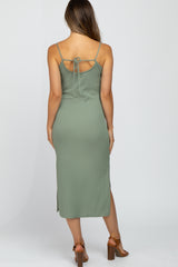 Light Olive Ribbed Sleeveless Maternity Midi Dress