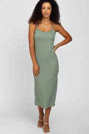 Light Olive Ribbed Sleeveless Midi Dress