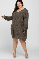 Black Floral Long Sleeve Button Accent Plus Dress